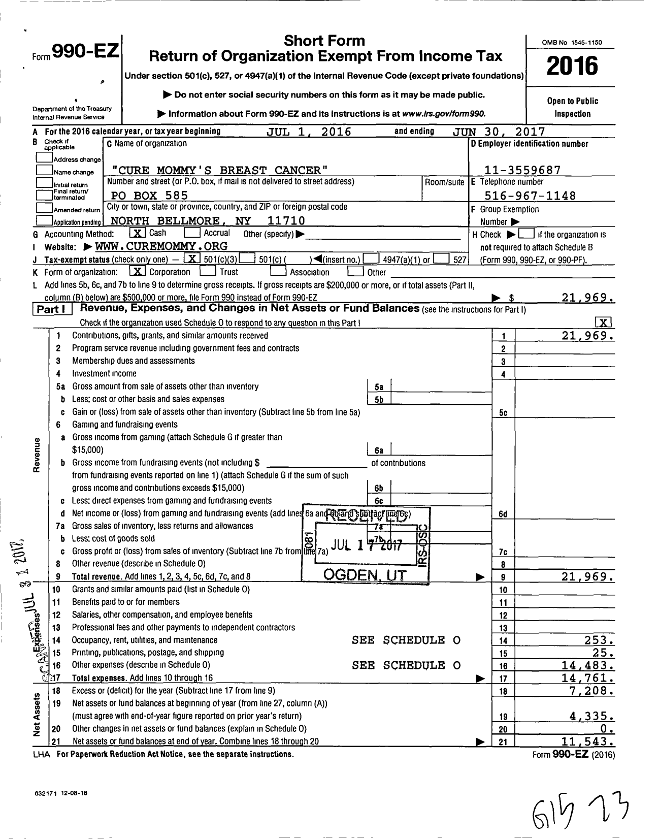 Image of first page of 2016 Form 990EZ for Cure Mommy's Breast Cancer