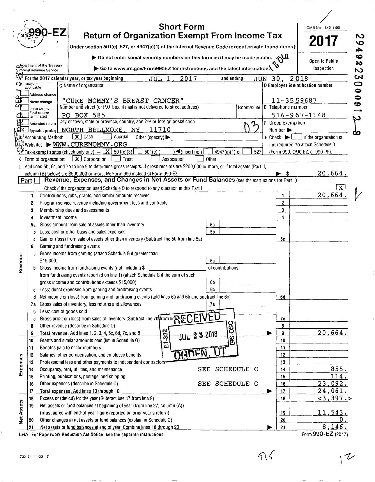 Image of first page of 2017 Form 990EZ for Cure Mommy's Breast Cancer