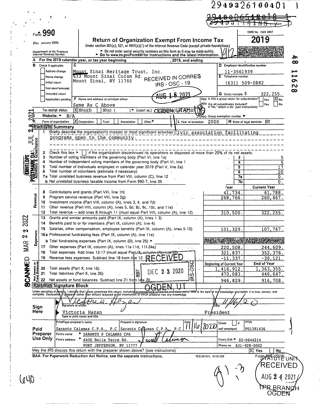Image of first page of 2019 Form 990 for Mount Sinai Heritage Trust