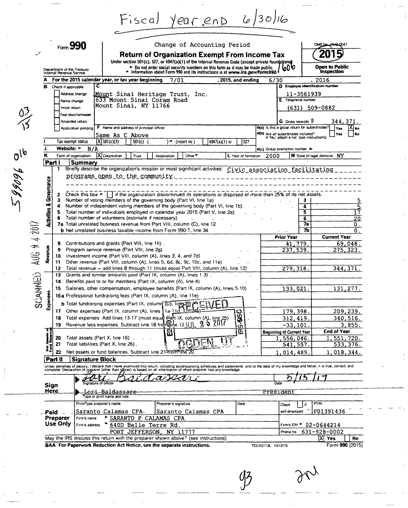 Image of first page of 2015 Form 990 for Mount Sinai Heritage Trust
