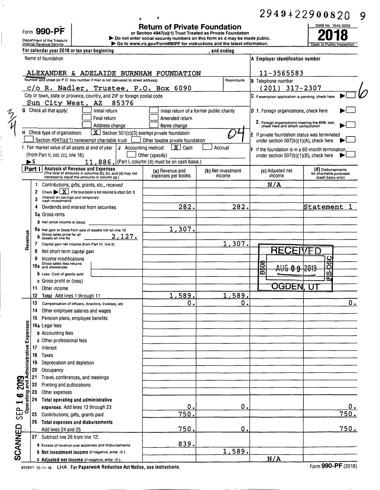 Image of first page of 2018 Form 990PF for Alexander and Adelaide Burnham Foundation