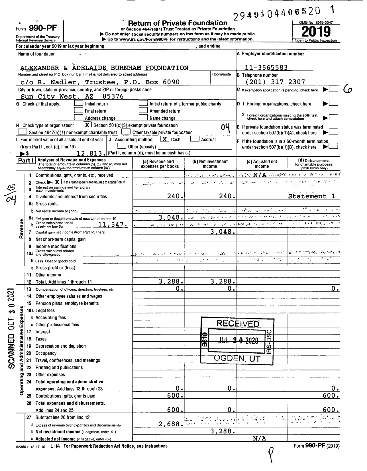 Image of first page of 2019 Form 990PF for Alexander and Adelaide Burnham Foundation