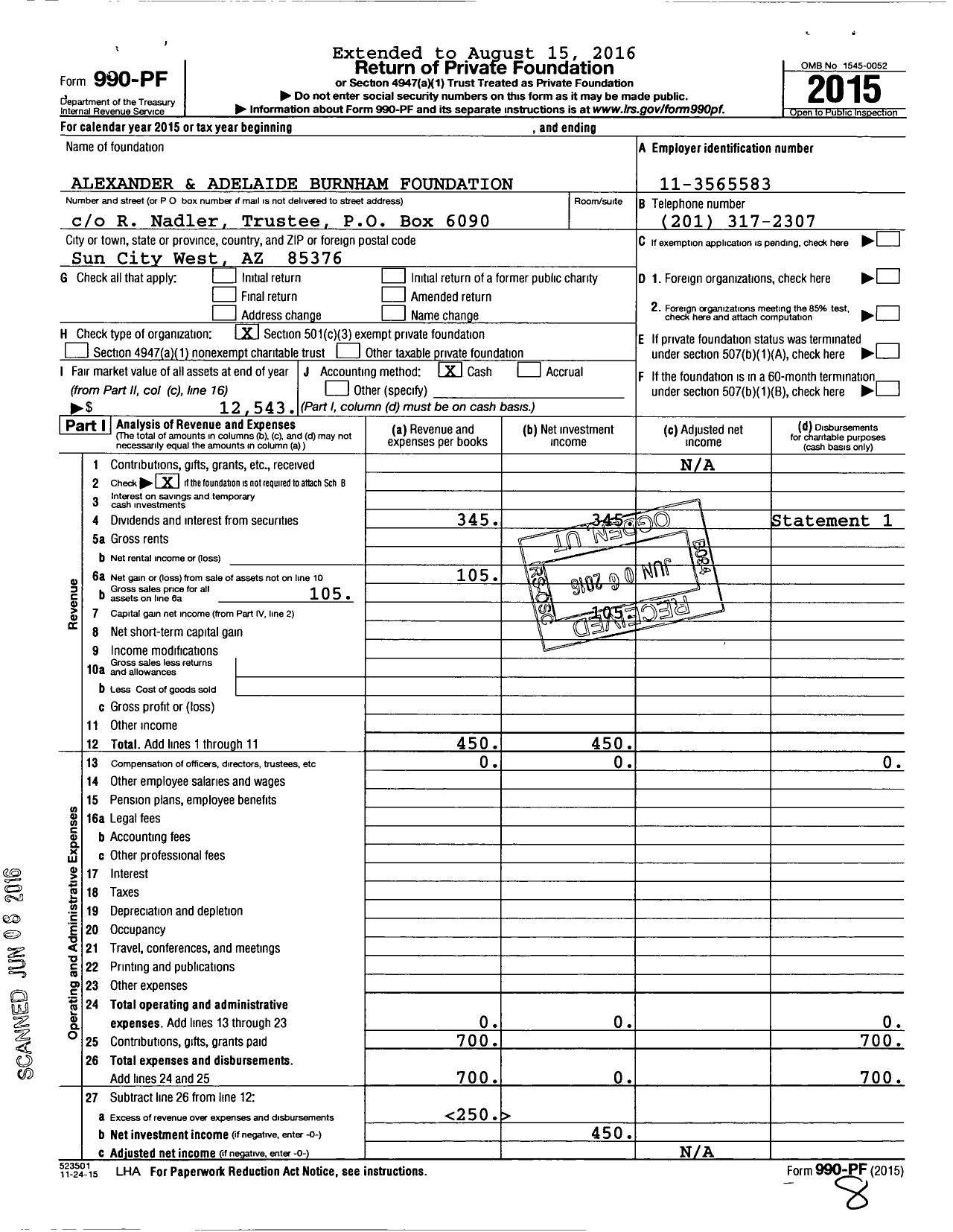 Image of first page of 2015 Form 990PF for Alexander and Adelaide Burnham Foundation