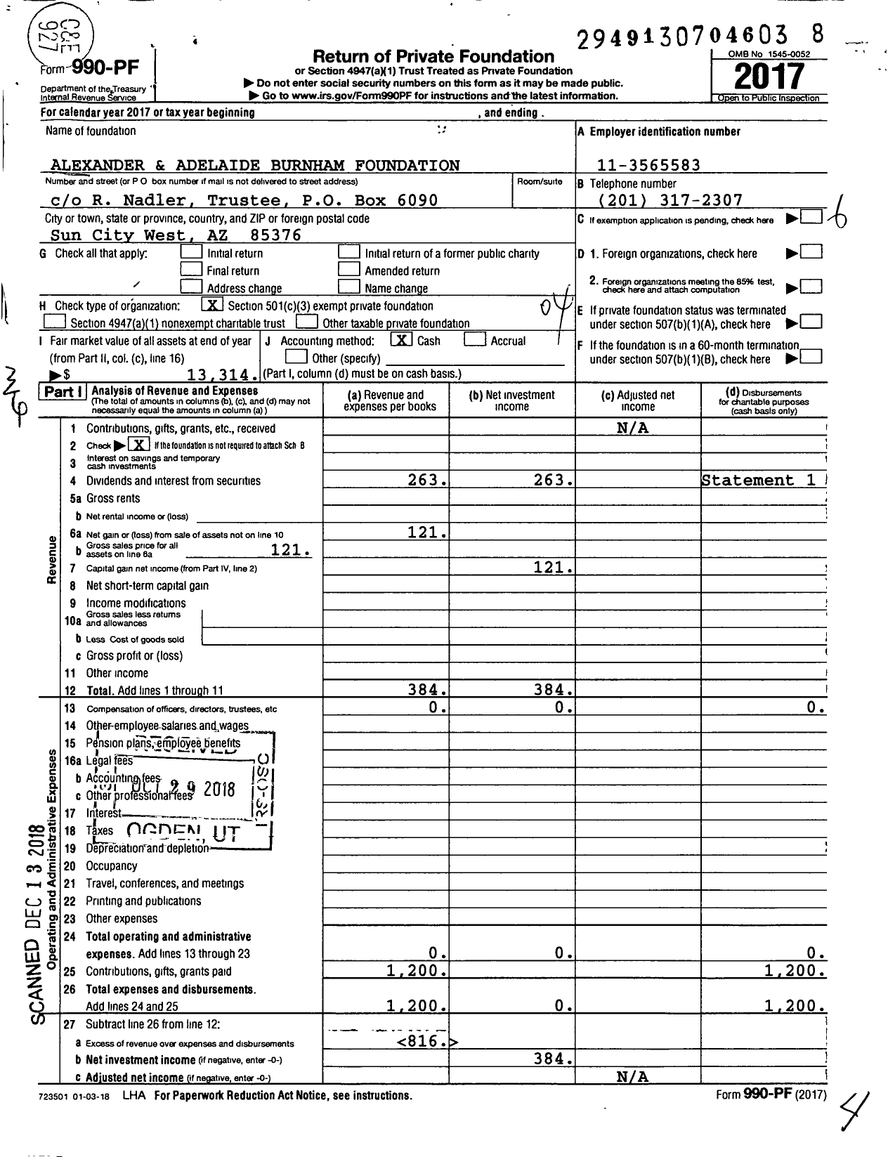 Image of first page of 2017 Form 990PF for Alexander and Adelaide Burnham Foundation