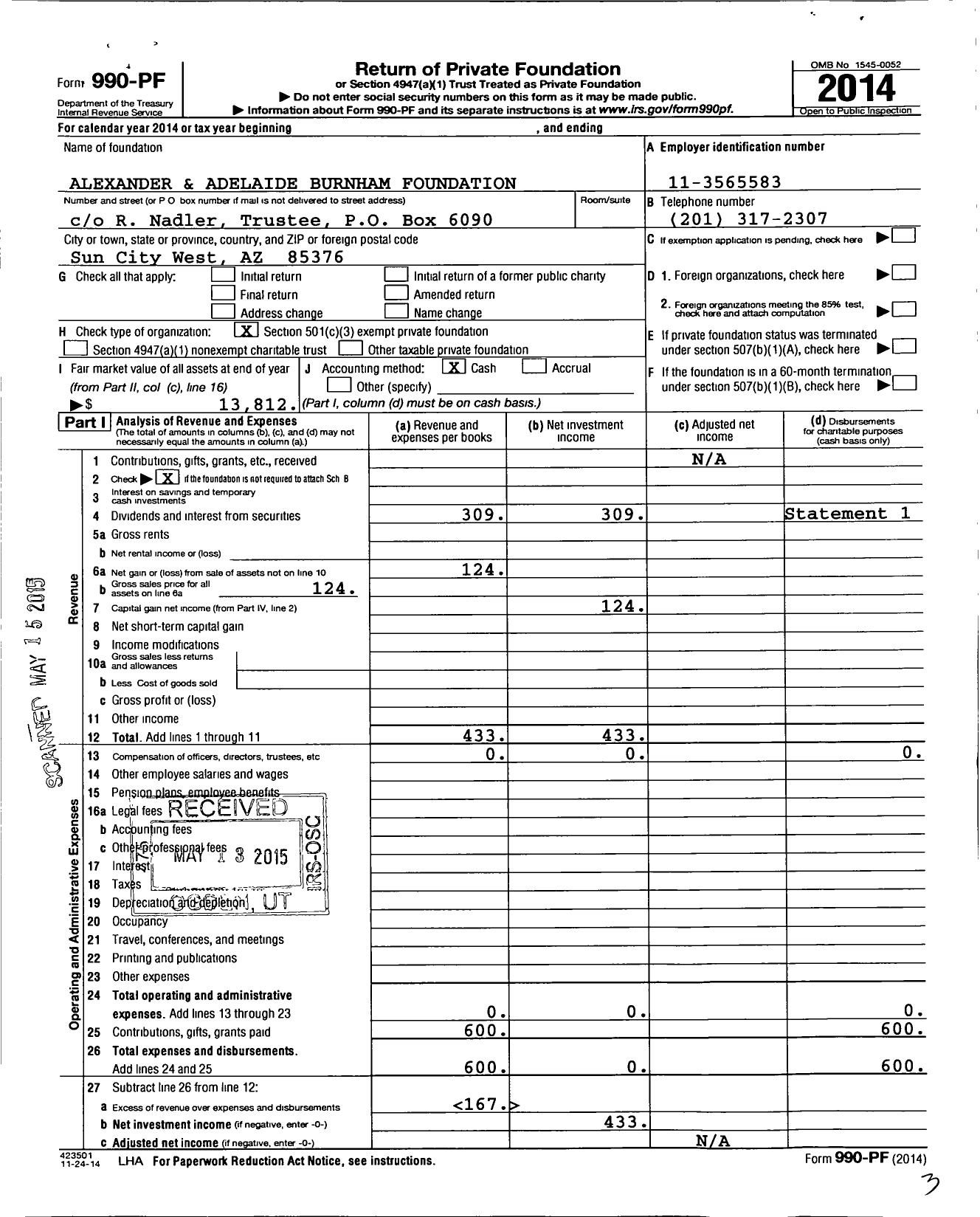 Image of first page of 2014 Form 990PF for Alexander and Adelaide Burnham Foundation