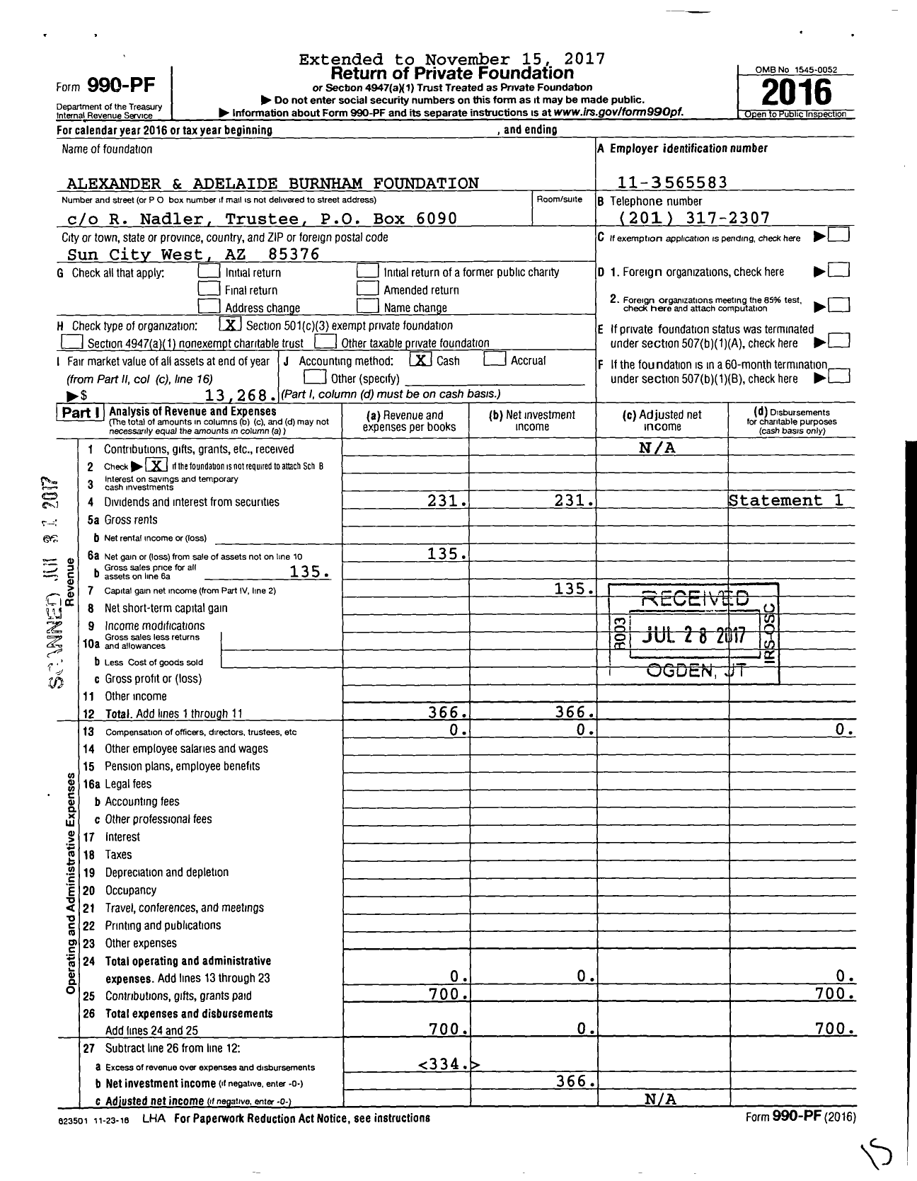 Image of first page of 2016 Form 990PF for Alexander and Adelaide Burnham Foundation