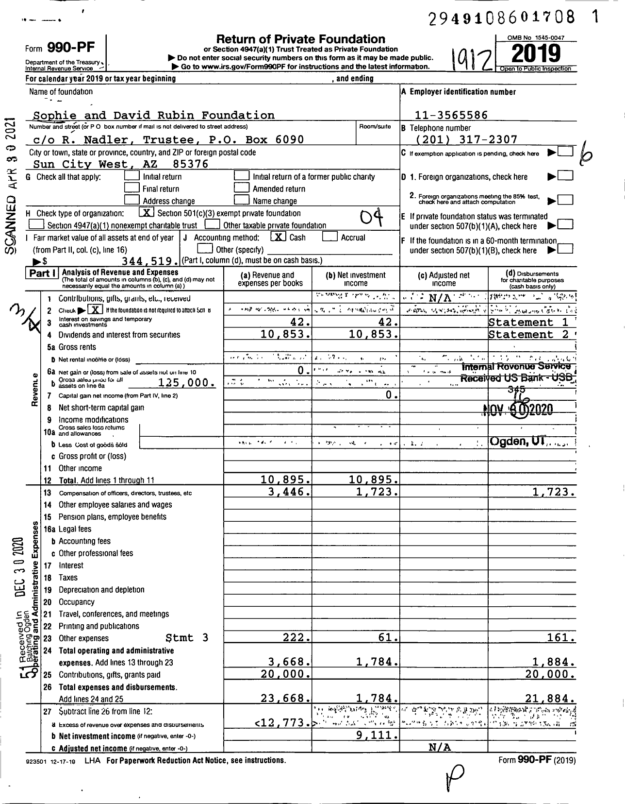 Image of first page of 2019 Form 990PF for Sophie and David Rubin Foundation