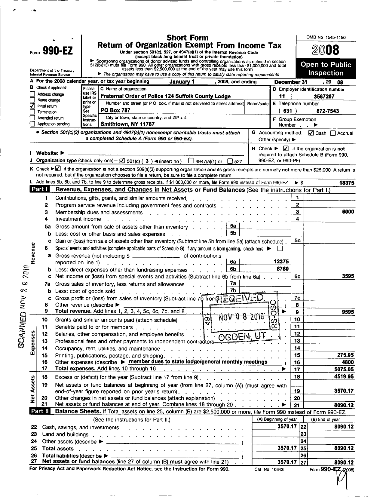 Image of first page of 2008 Form 990EZ for Fraternal Order of Police - 124 Suffolk County Lodge