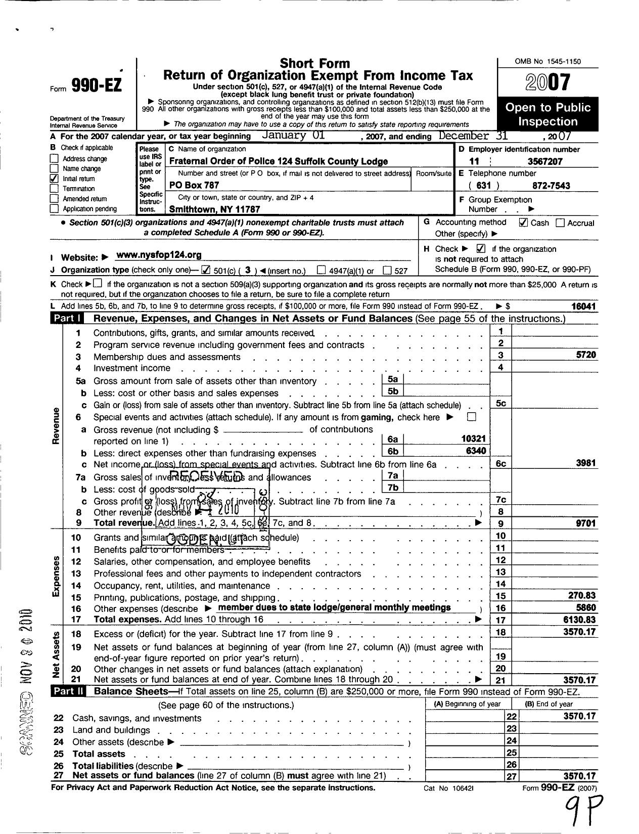 Image of first page of 2007 Form 990EZ for Fraternal Order of Police - 124 Suffolk County Lodge