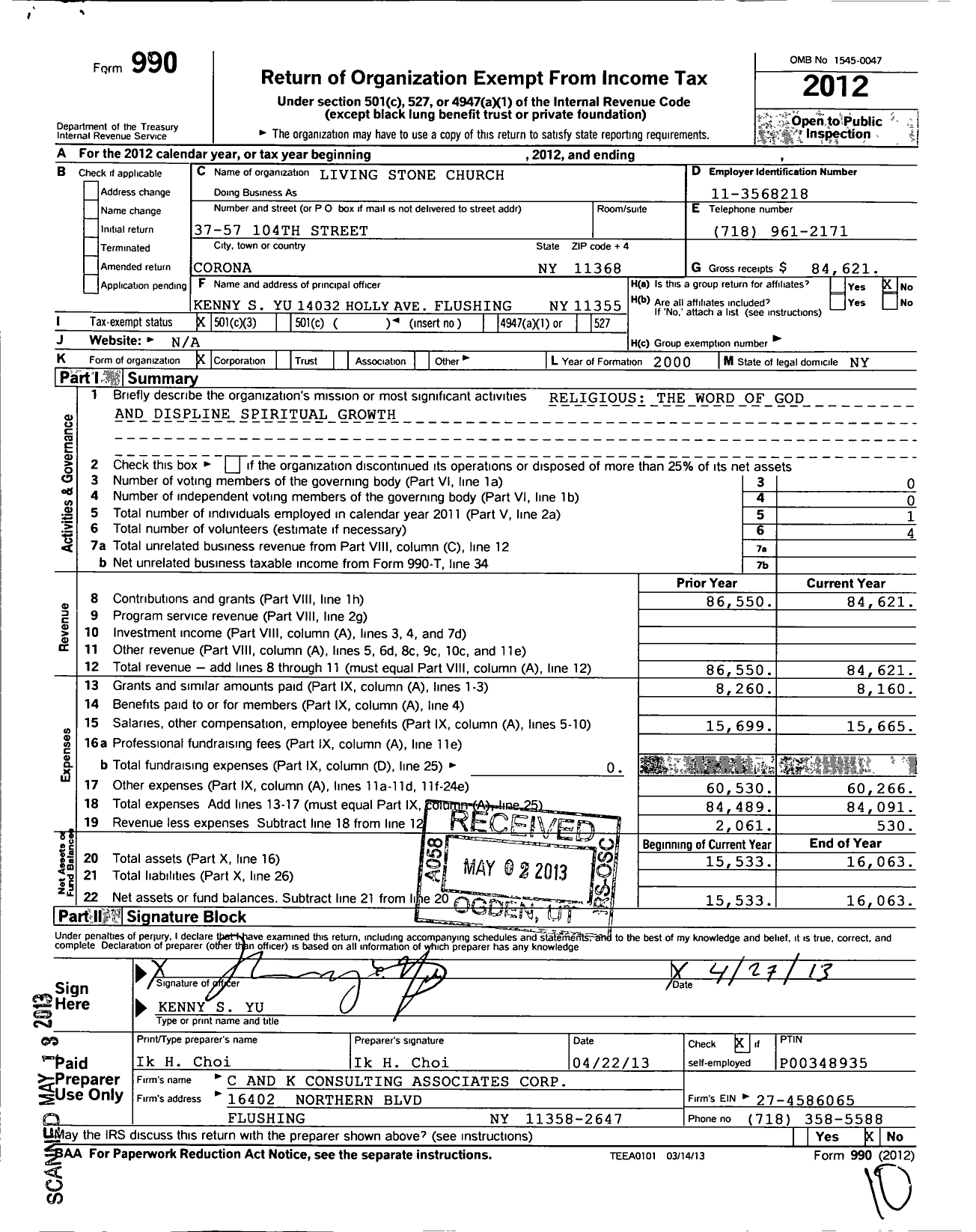 Image of first page of 2012 Form 990 for Living Stone Church