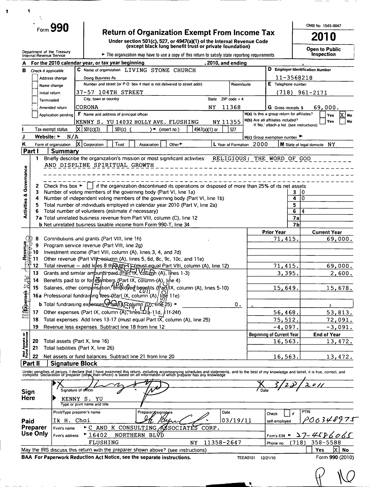 Image of first page of 2010 Form 990 for Living Stone Church