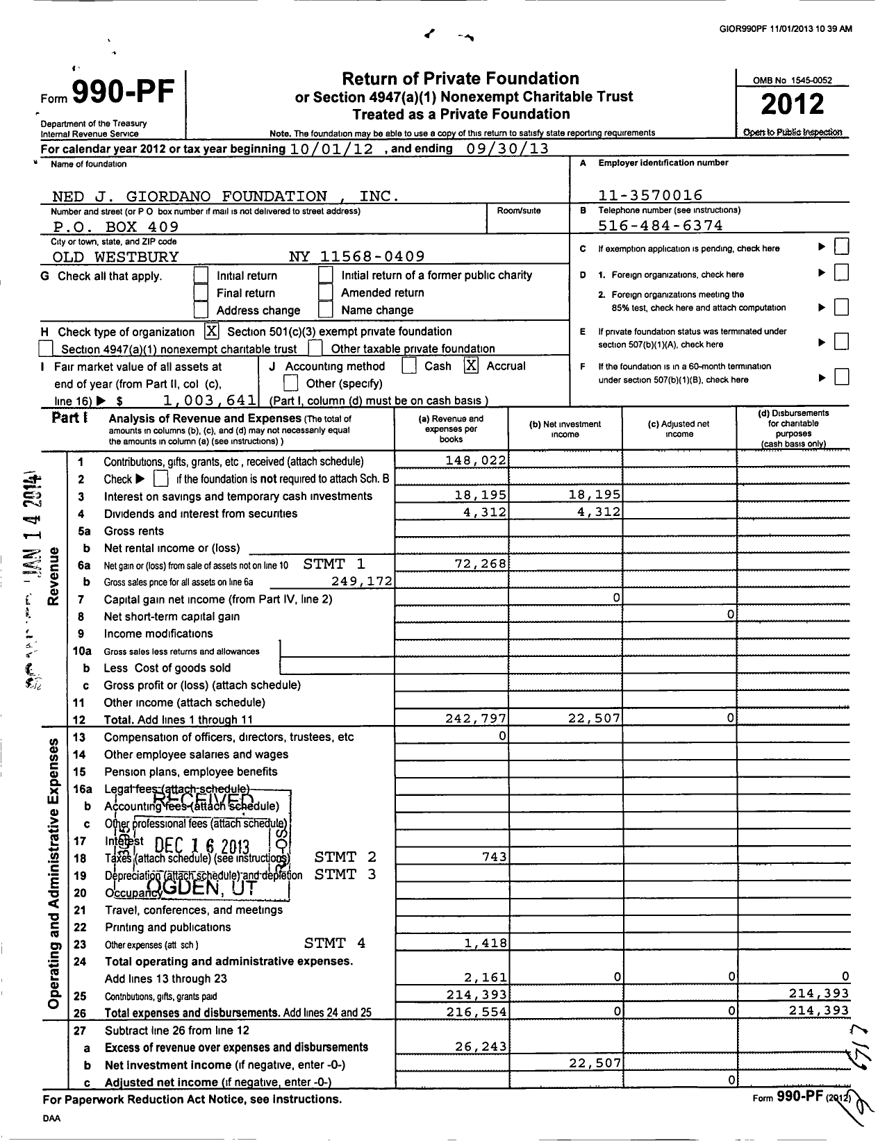 Image of first page of 2012 Form 990PF for Ned J Giordano Foundation