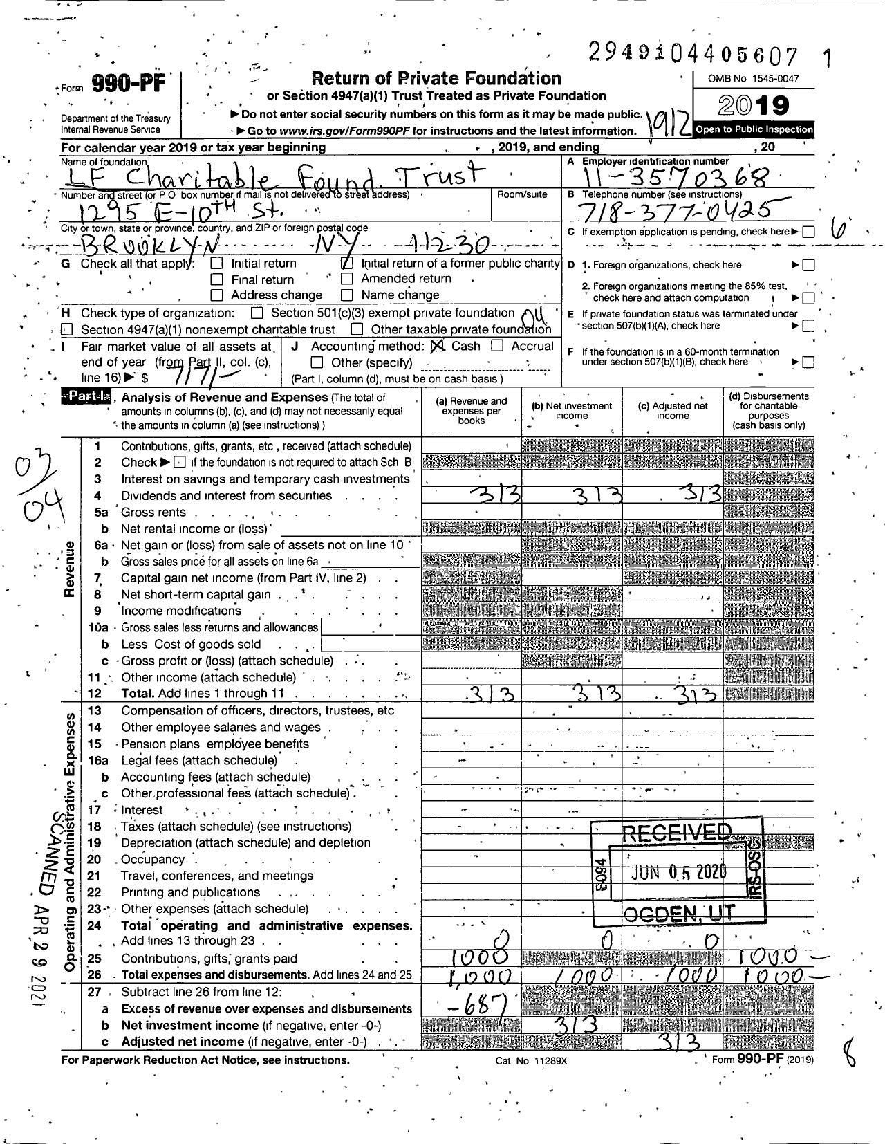 Image of first page of 2019 Form 990PF for LF Charitable Found Trust