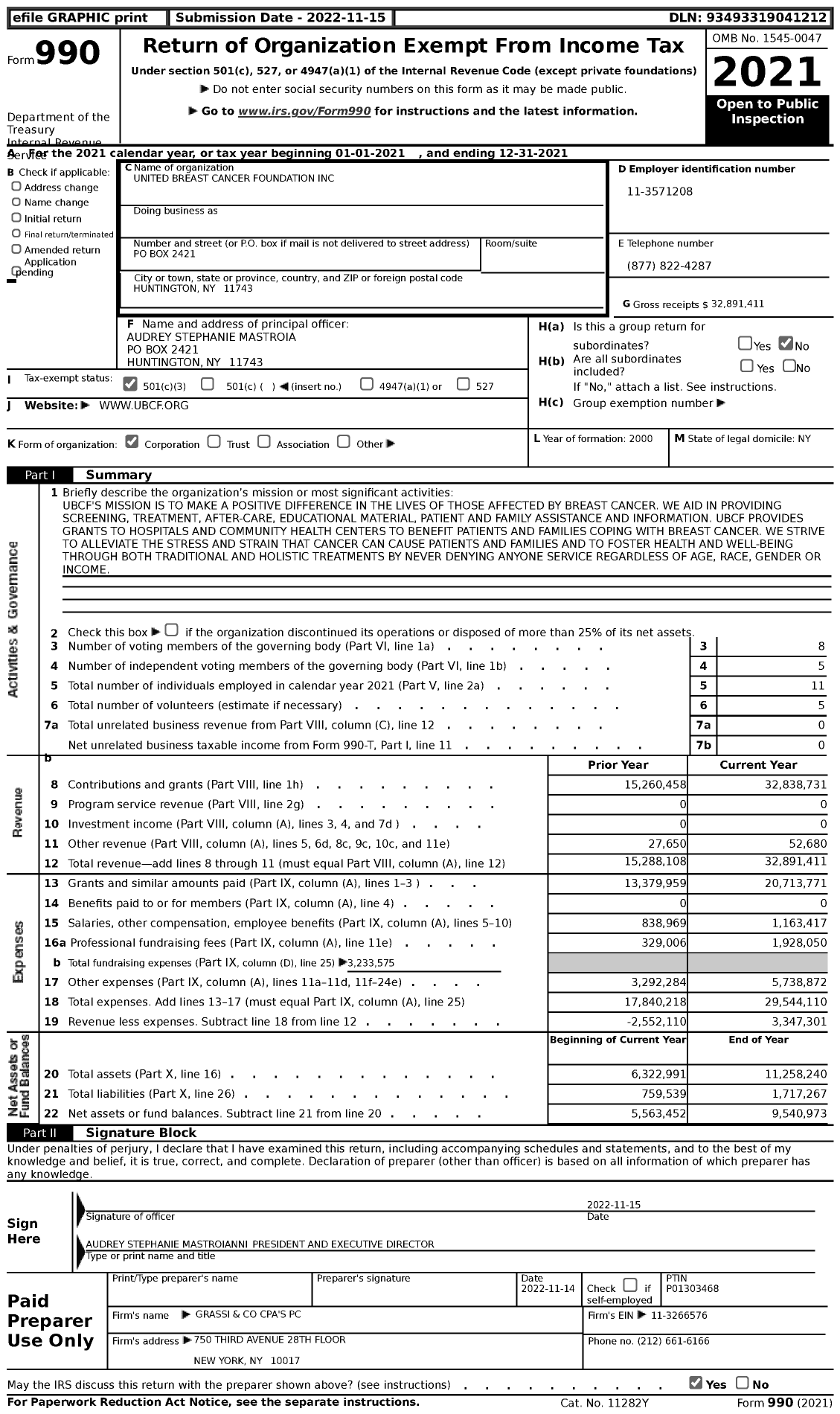 Image of first page of 2021 Form 990 for United Breast Cancer Foundation (UBCF)