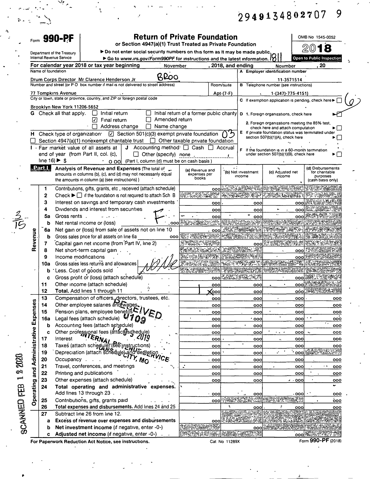 Image of first page of 2017 Form 990PF for Drum Corps Director Mr Clarence Henderson JR