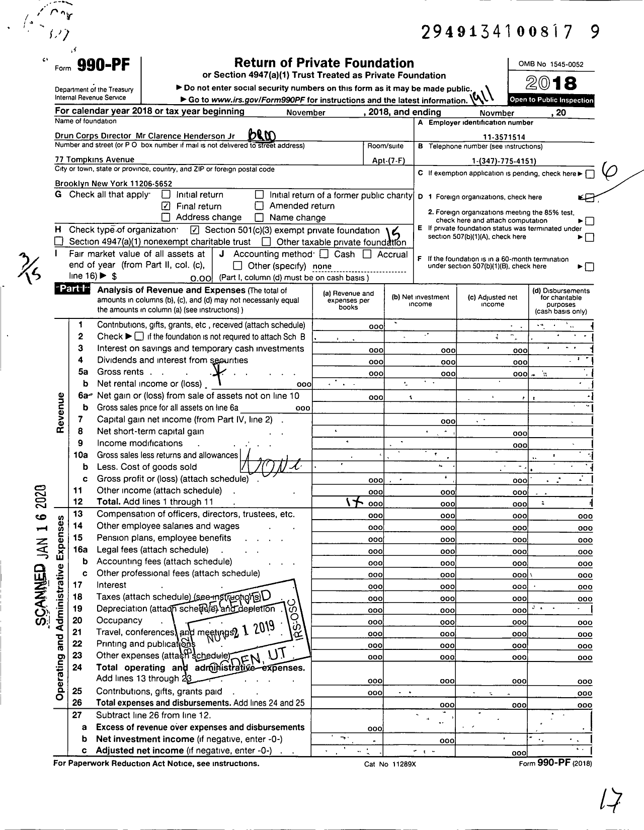 Image of first page of 2018 Form 990PF for Drum Corps Director Mr Clarence Henderson JR