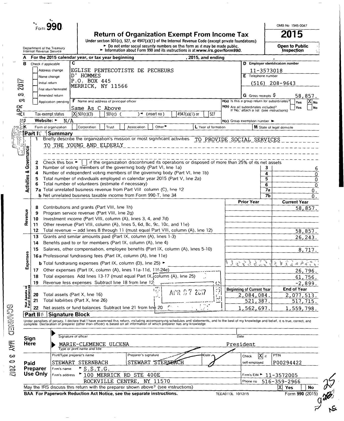 Image of first page of 2015 Form 990 for Eglise Pentecotiste de Pecheurs D Dhommes