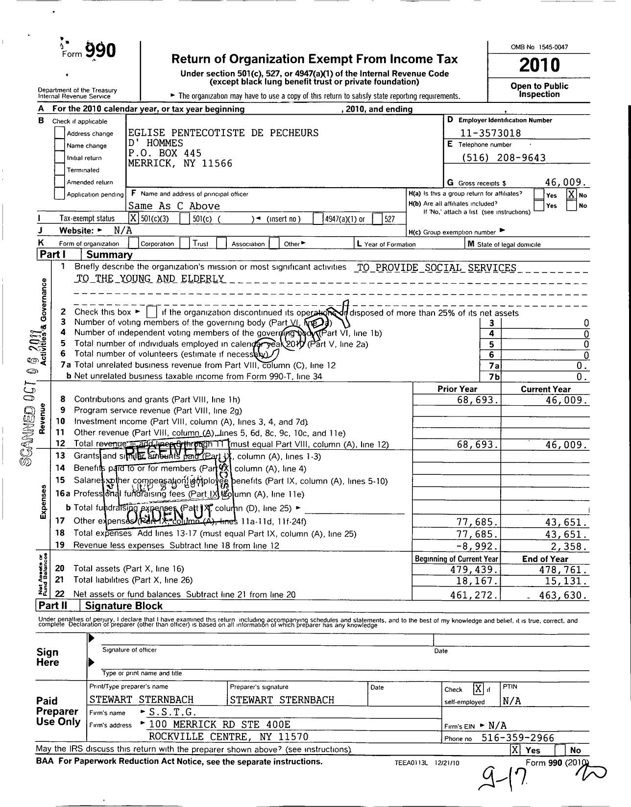 Image of first page of 2010 Form 990 for Eglise Pentecotiste de Pecheurs D Dhommes