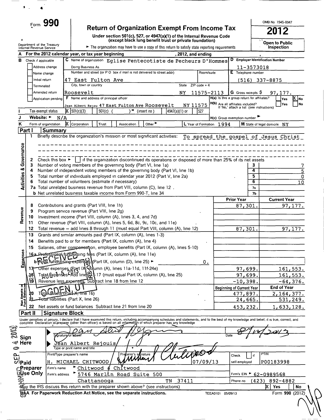 Image of first page of 2012 Form 990 for Eglise Pentecotiste de Pecheurs D Dhommes