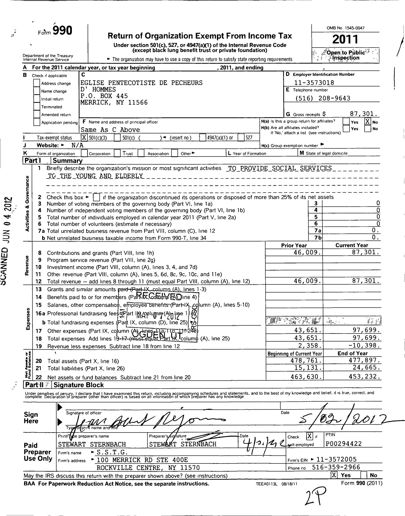 Image of first page of 2011 Form 990 for Eglise Pentecotiste de Pecheurs D Dhommes