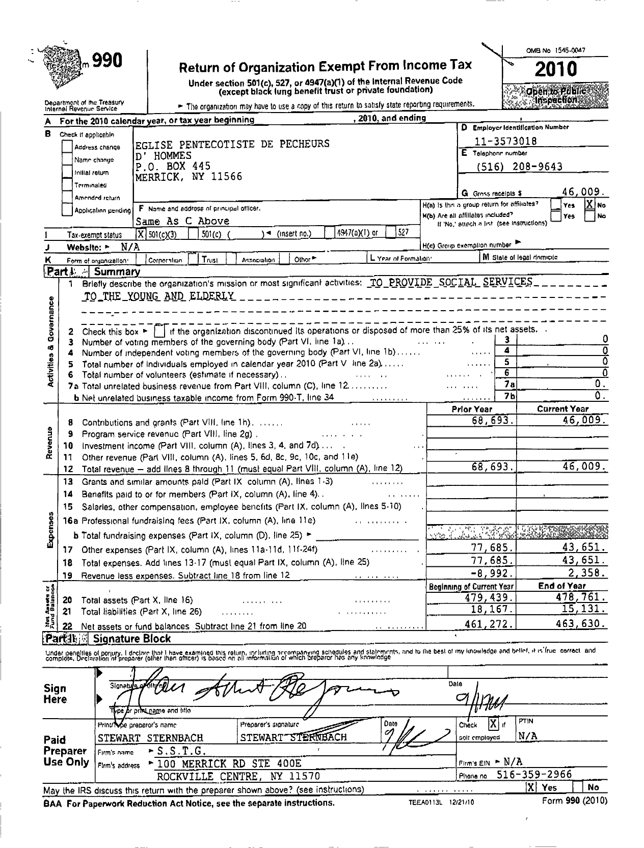 Image of first page of 2010 Form 990R for Eglise Pentecotiste de Pecheurs D Dhommes