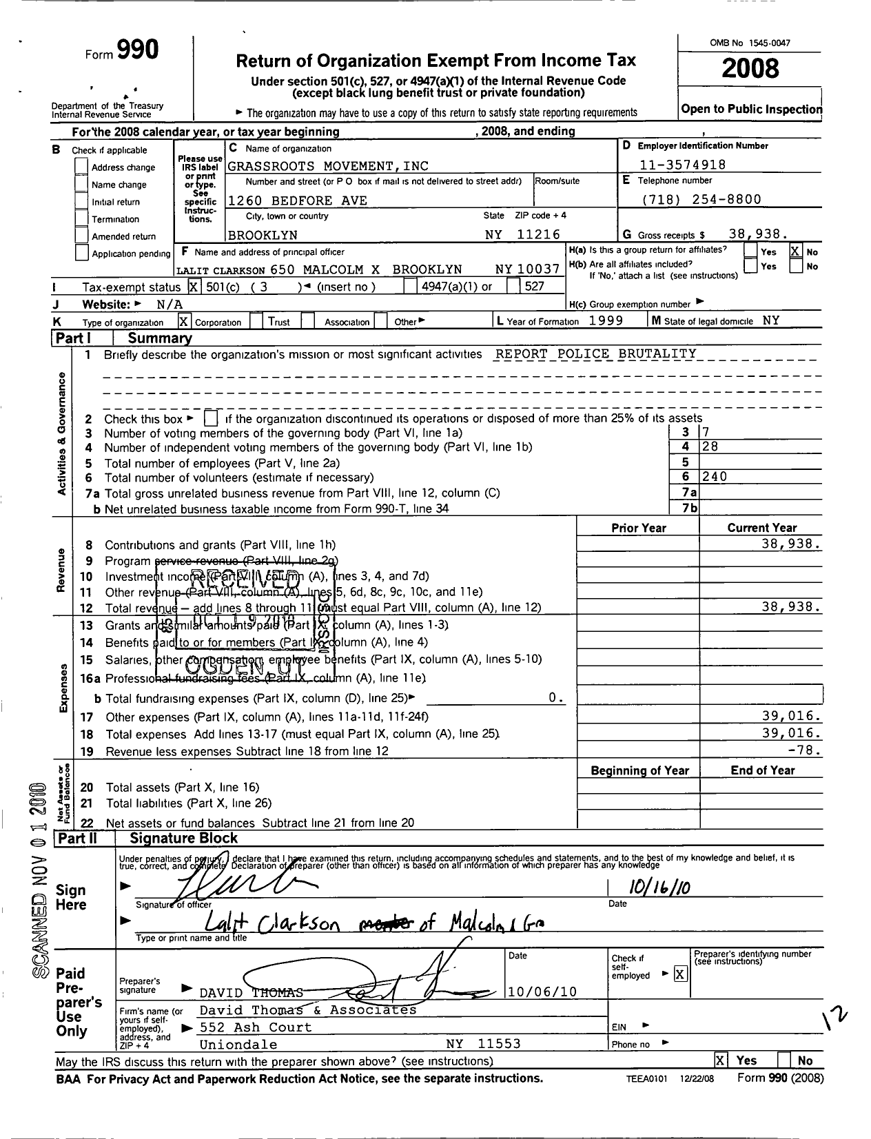 Image of first page of 2008 Form 990 for Grassroots Movement