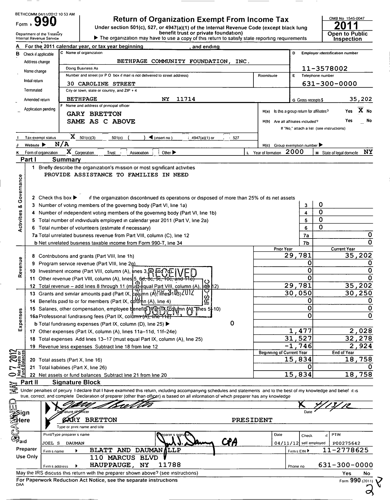Image of first page of 2011 Form 990 for Bethpage Community Foundation