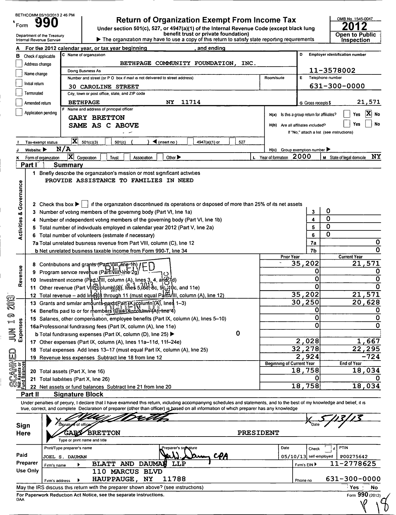 Image of first page of 2012 Form 990 for Bethpage Community Foundation