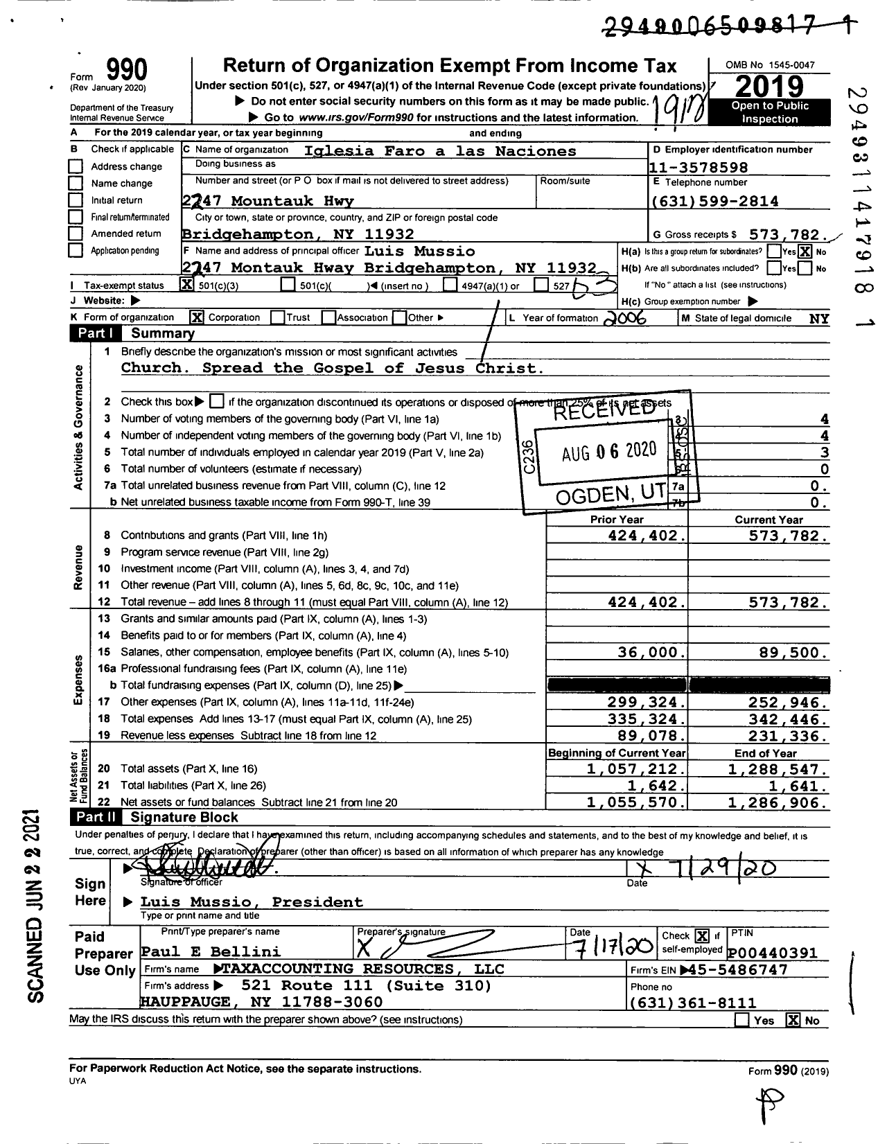 Image of first page of 2019 Form 990 for Iglesia Faro a las Naciones