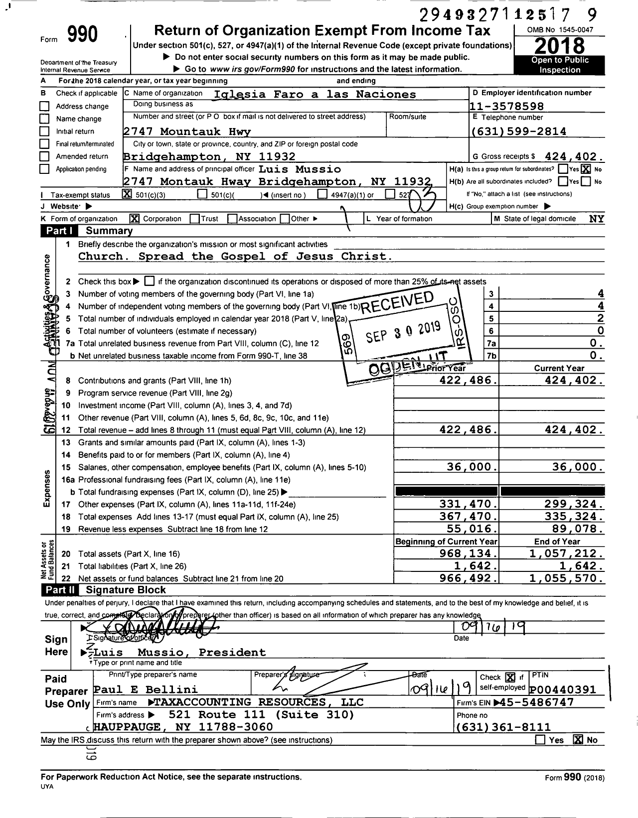 Image of first page of 2018 Form 990 for Iglesia Faro a las Naciones