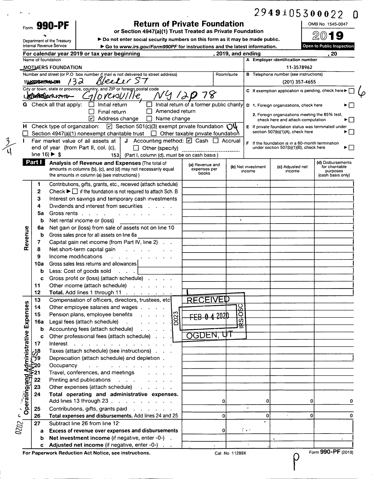 Image of first page of 2019 Form 990PR for Mothers Foundation