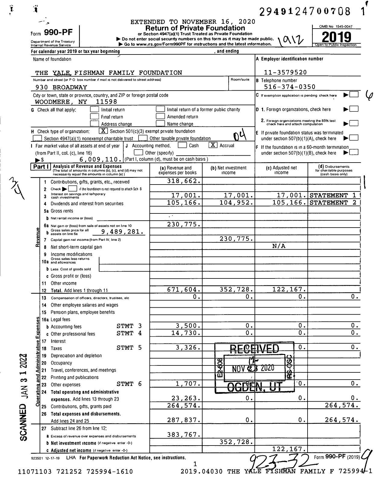 Image of first page of 2019 Form 990PF for The Yale Fishman Family Foundation