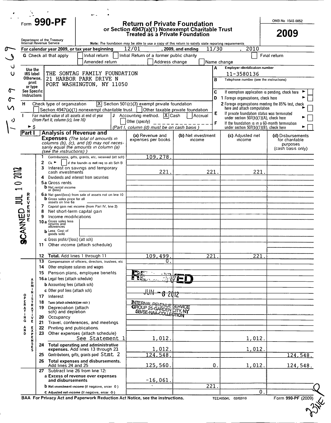 Image of first page of 2009 Form 990PF for Sontag Family Foundation