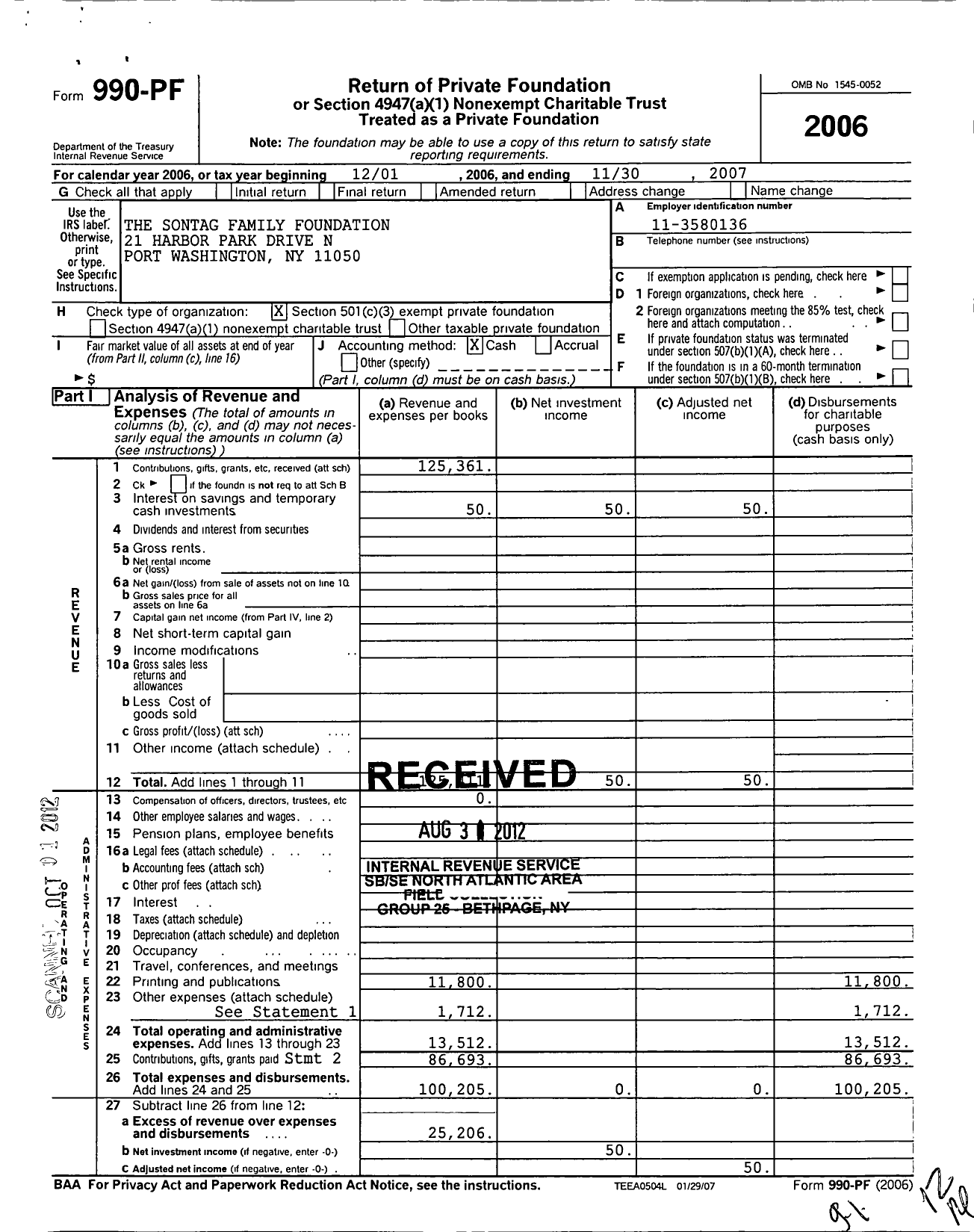 Image of first page of 2006 Form 990PF for Sontag Family Foundation