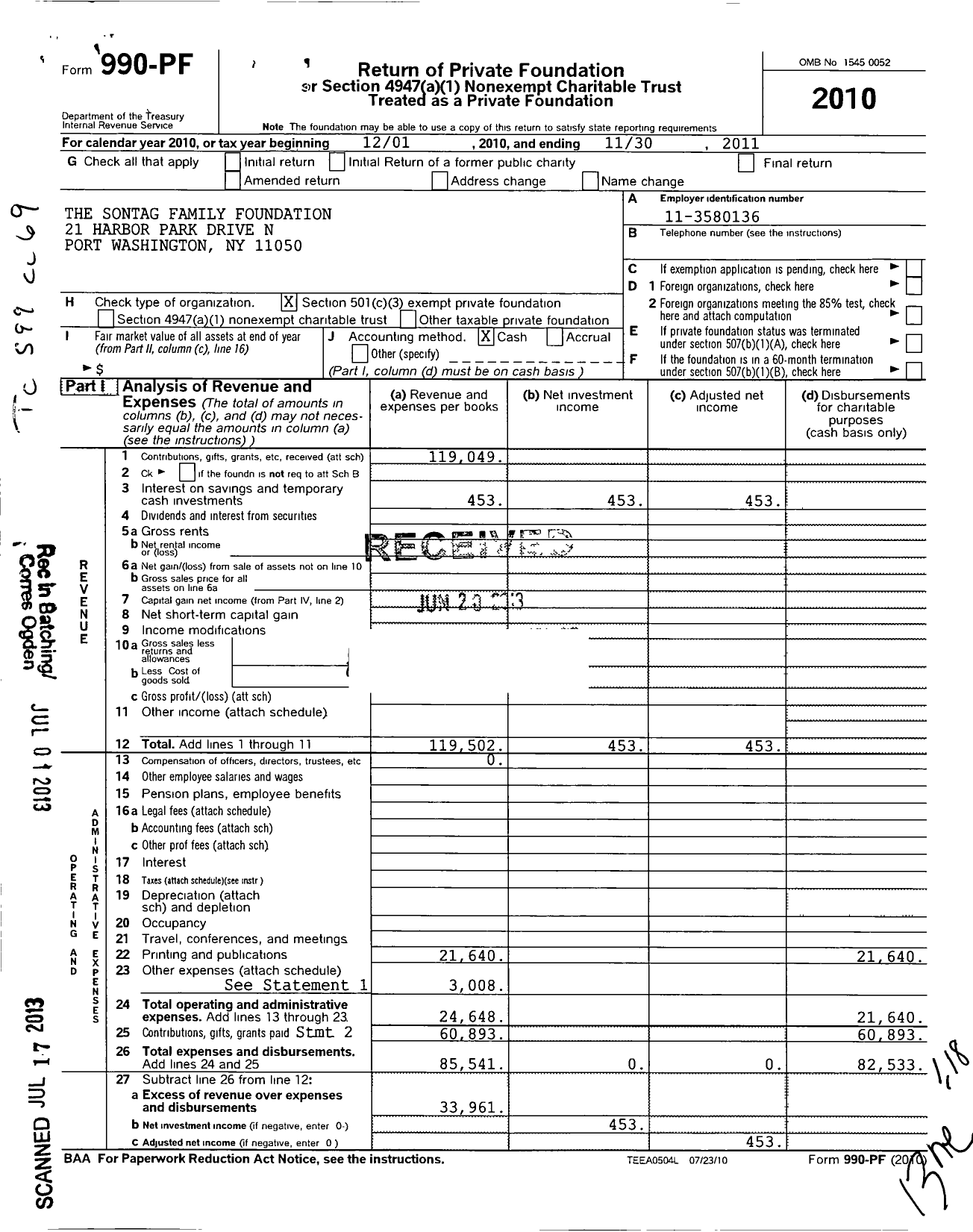 Image of first page of 2010 Form 990PF for Sontag Family Foundation