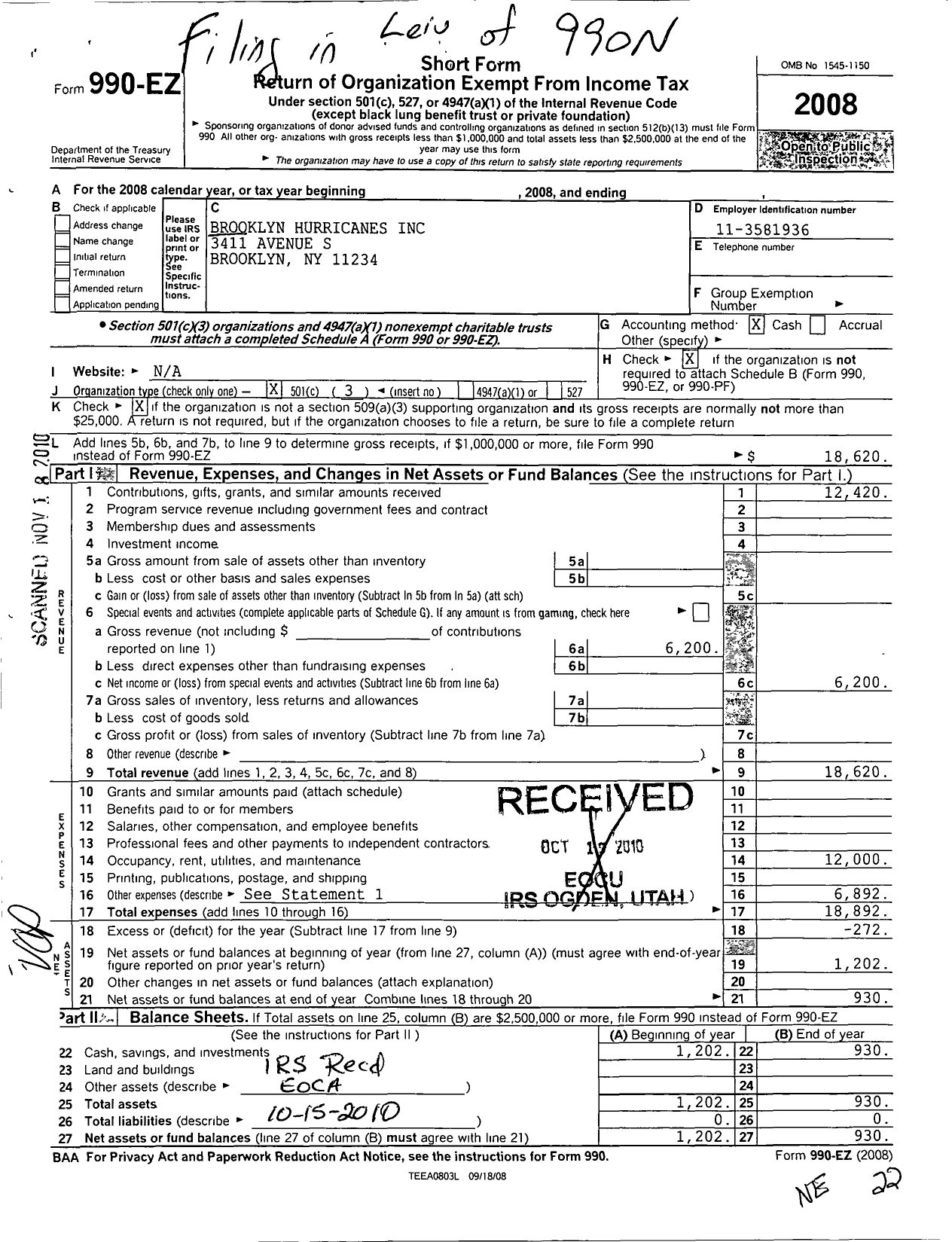Image of first page of 2008 Form 990EZ for Brooklyn Hurricanes
