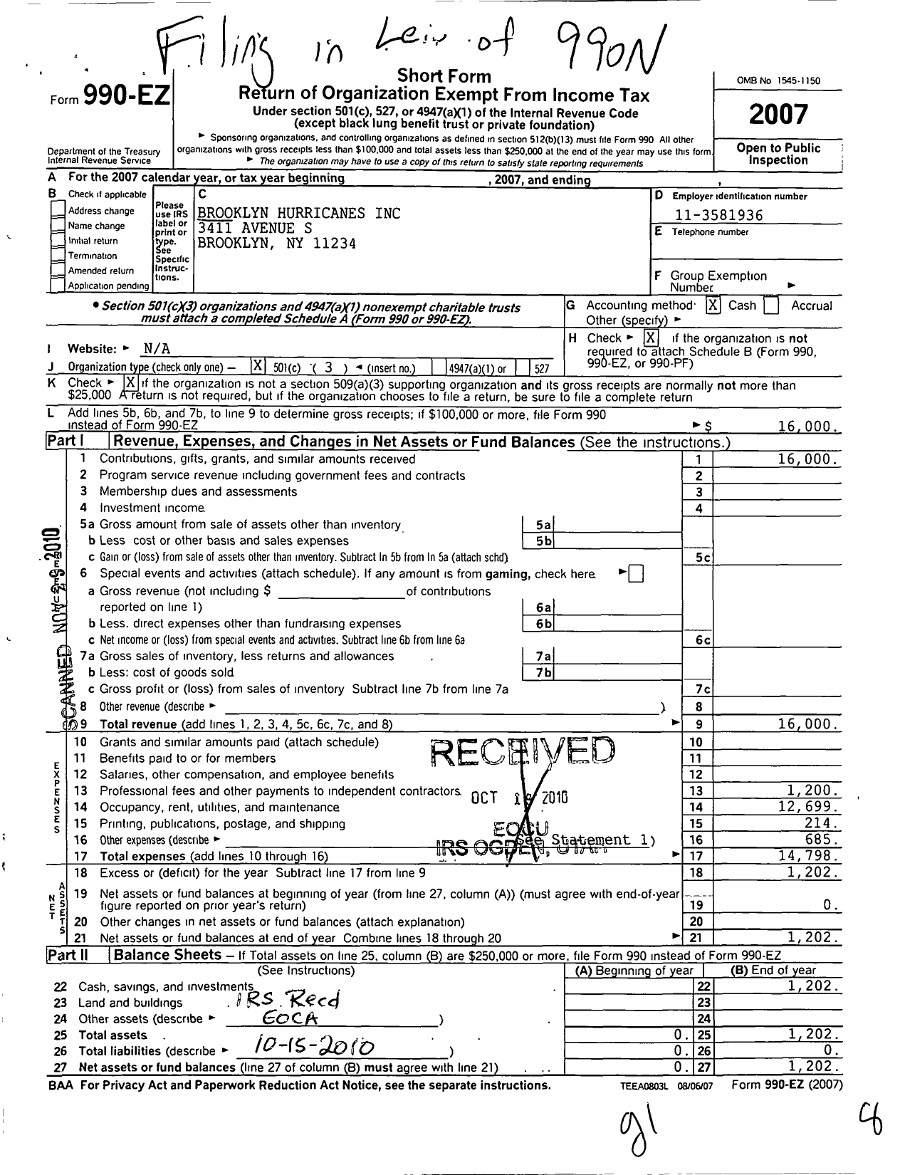 Image of first page of 2007 Form 990EZ for Brooklyn Hurricanes