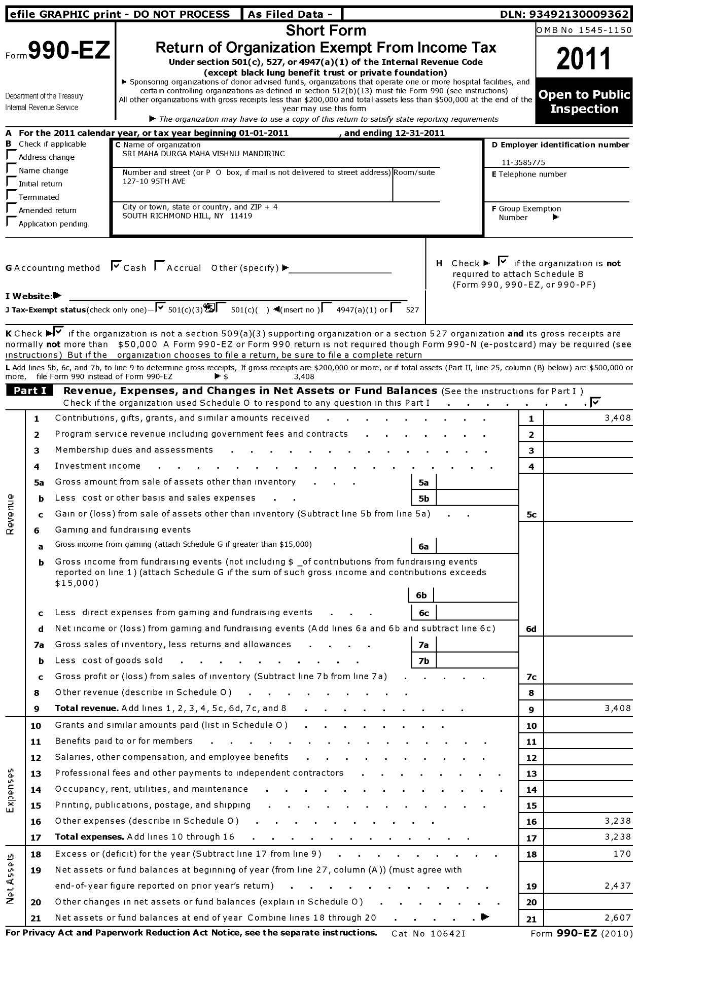 Image of first page of 2011 Form 990EZ for Sri Maha Durga Maha Vishnu Mandir