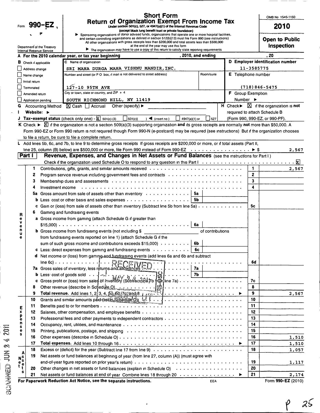 Image of first page of 2010 Form 990EZ for Sri Maha Durga Maha Vishnu Mandir