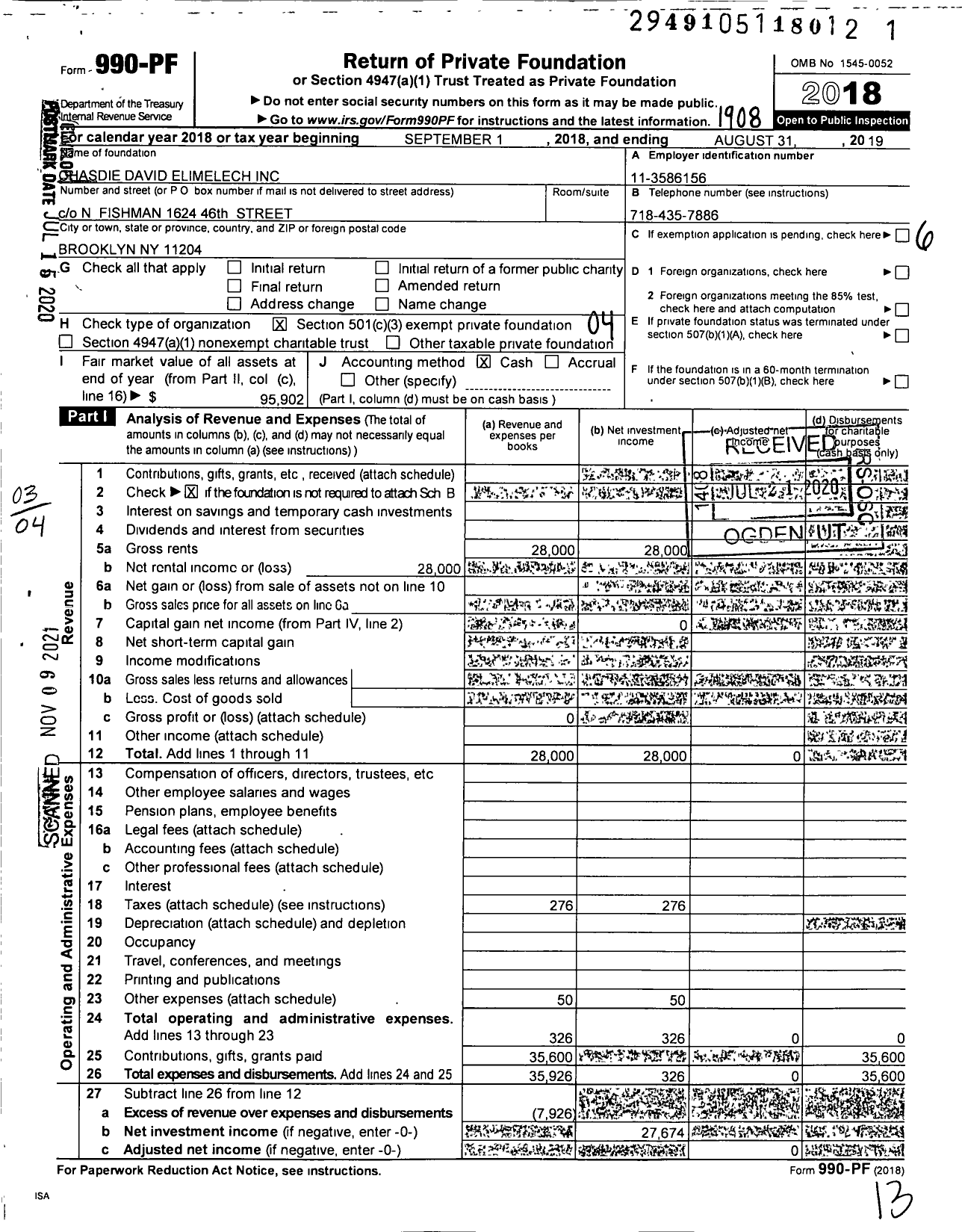 Image of first page of 2018 Form 990PF for Chasdei Dovid Elimelech