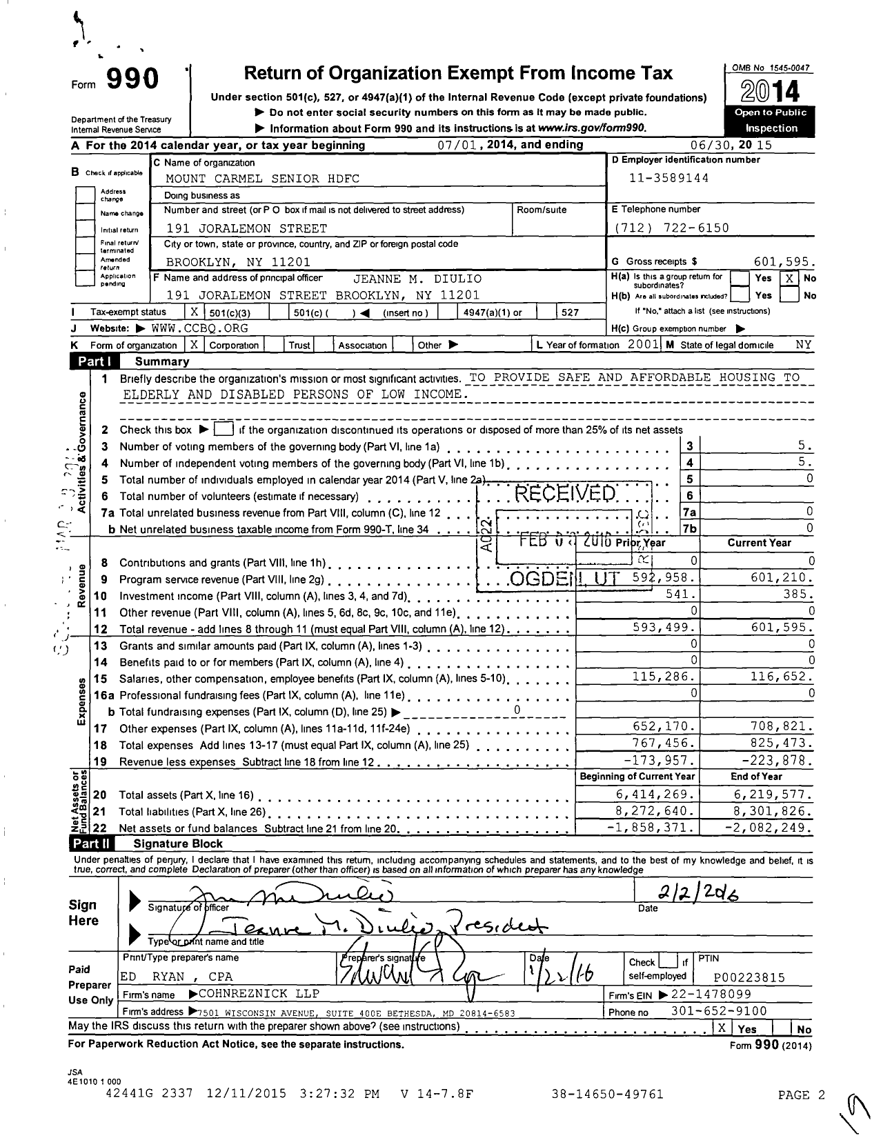 Image of first page of 2014 Form 990 for Mount Carmel Senior HDFC