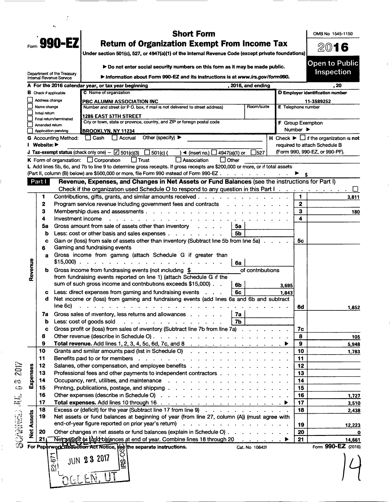 Image of first page of 2016 Form 990EZ for PBC Alumni Association