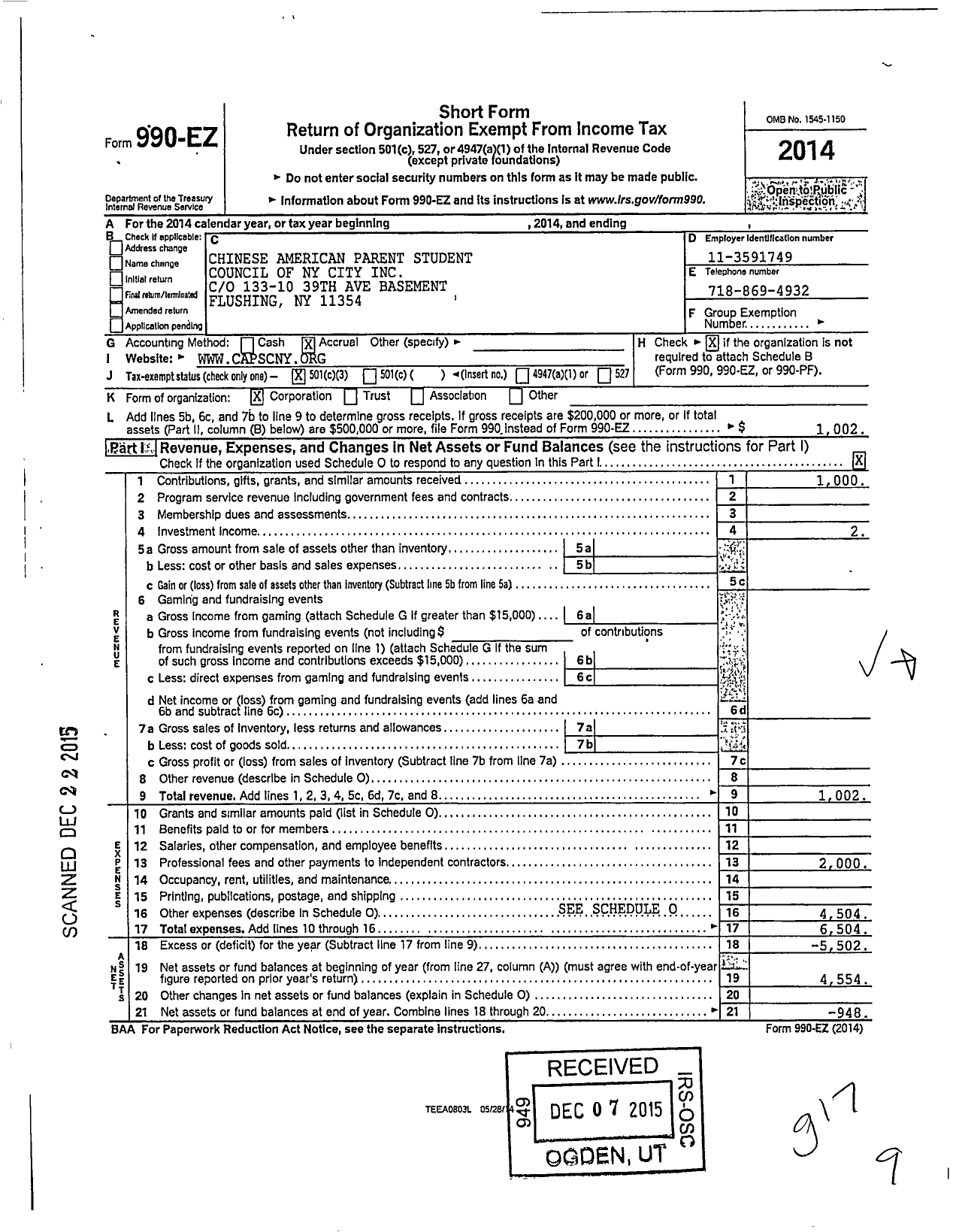 Image of first page of 2014 Form 990EZ for Chinese American Parent Student Council of New York City