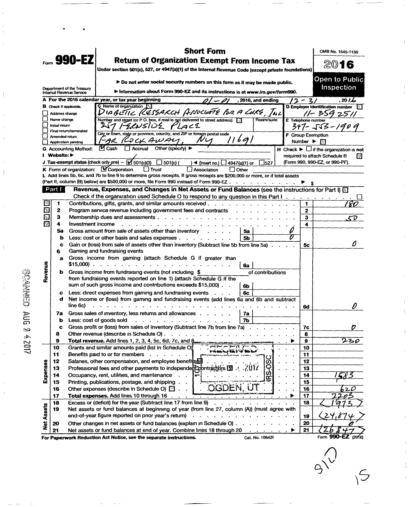 Image of first page of 2016 Form 990EZ for DIABETIC RESEARCH ASSOCIATEs FOR A CURE