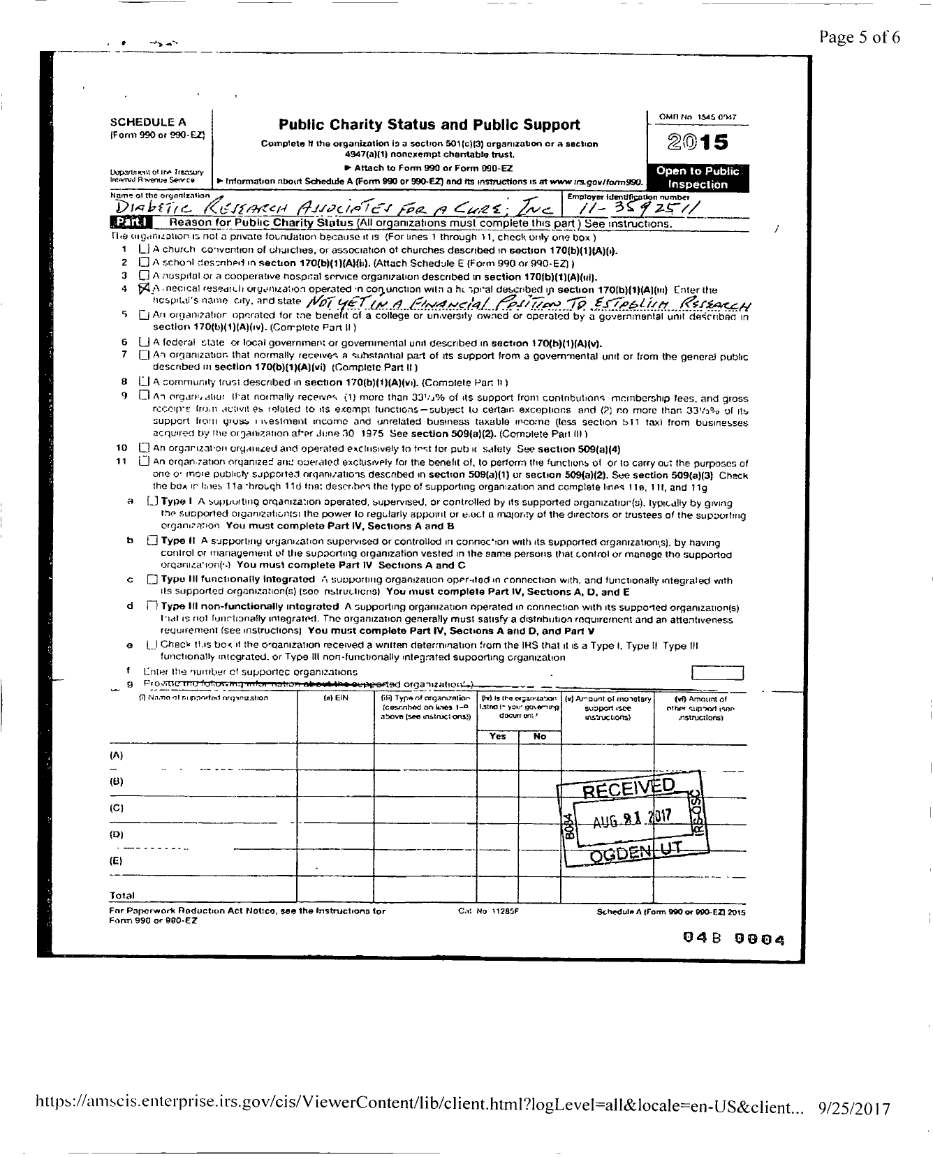 Image of first page of 2015 Form 990ER for DIABETIC RESEARCH ASSOCIATEs FOR A CURE