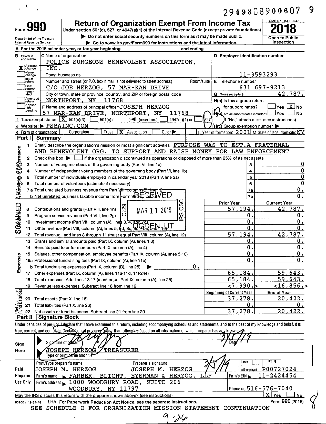 Image of first page of 2018 Form 990 for Fraternal Order of Police - 123 Kowski Memorial
