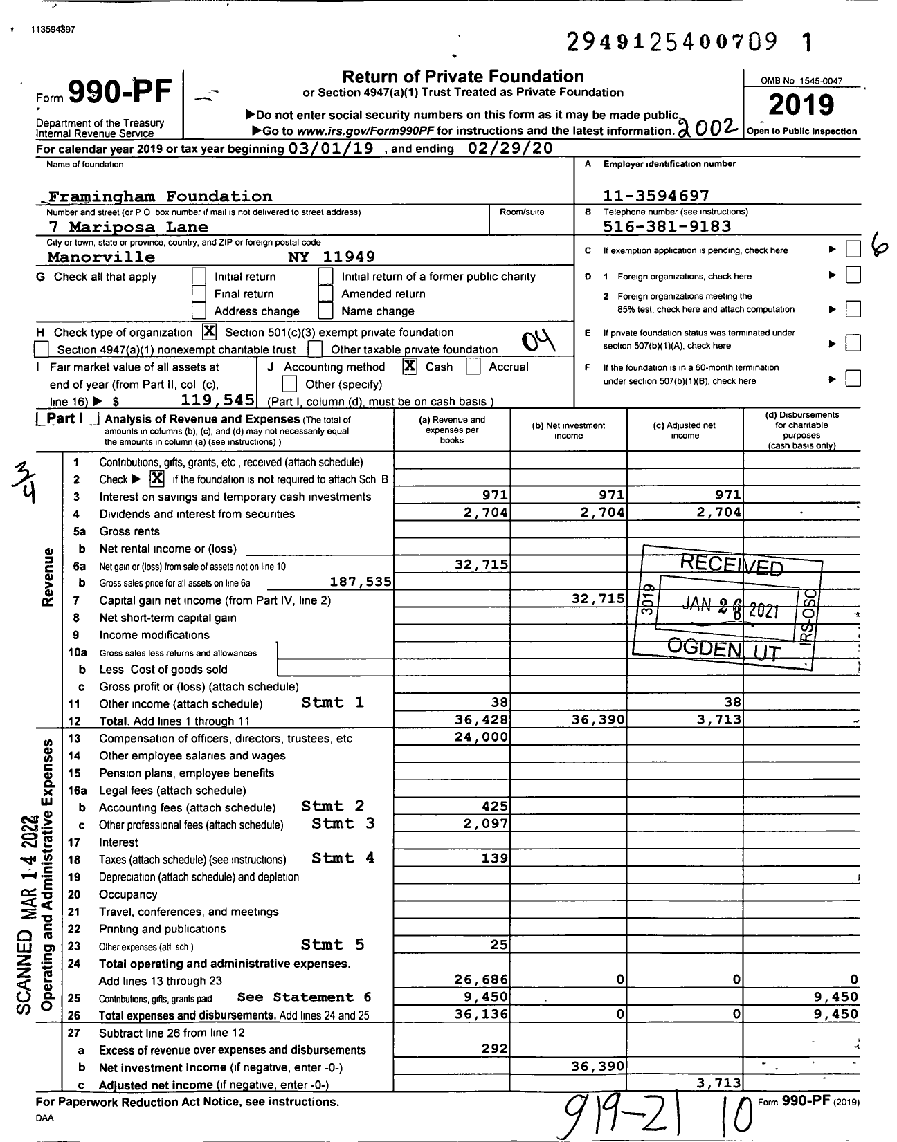 Image of first page of 2019 Form 990PF for Framingham Foundation
