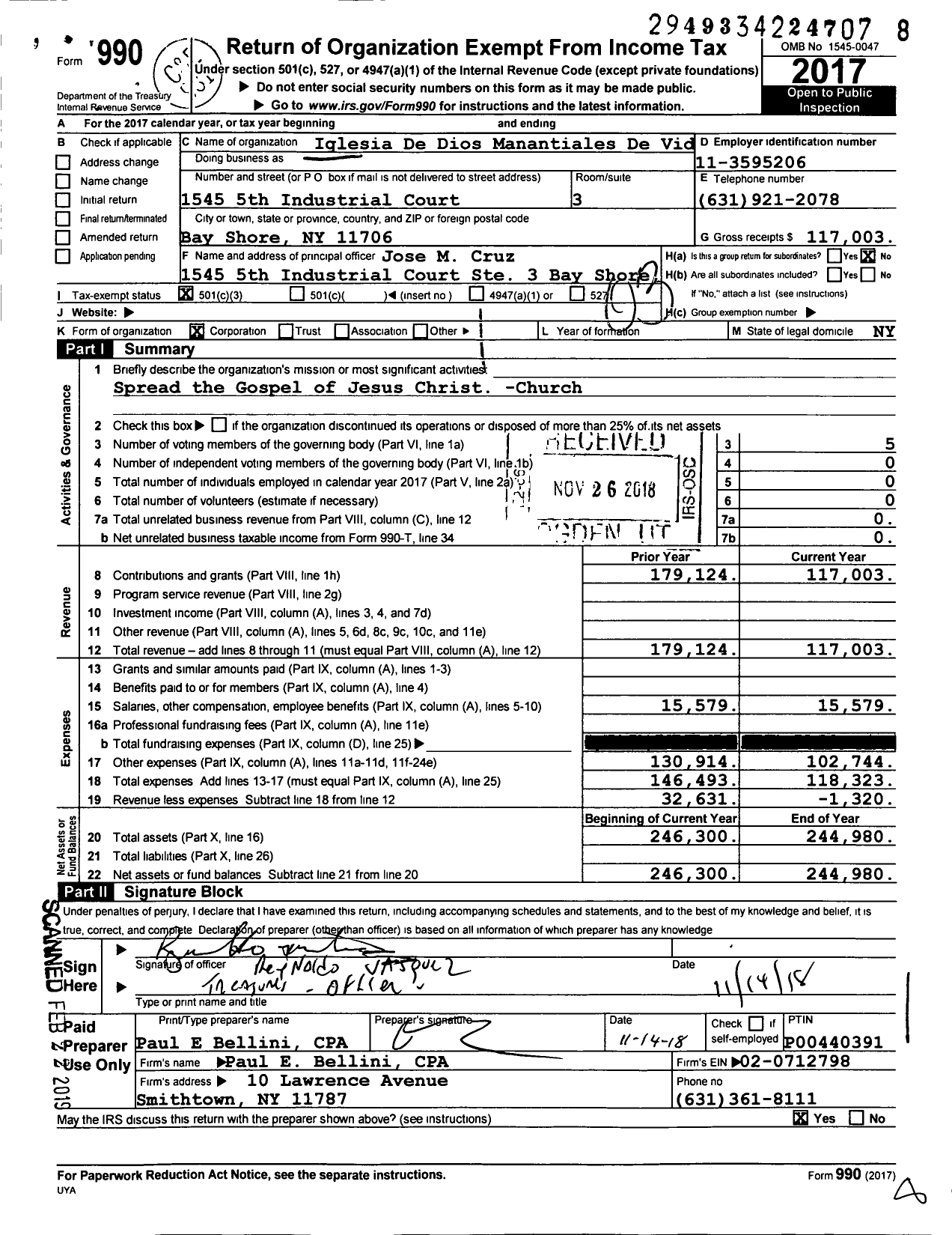 Image of first page of 2017 Form 990 for Iglesia de Dios Manantiales de Vida Eterna 4