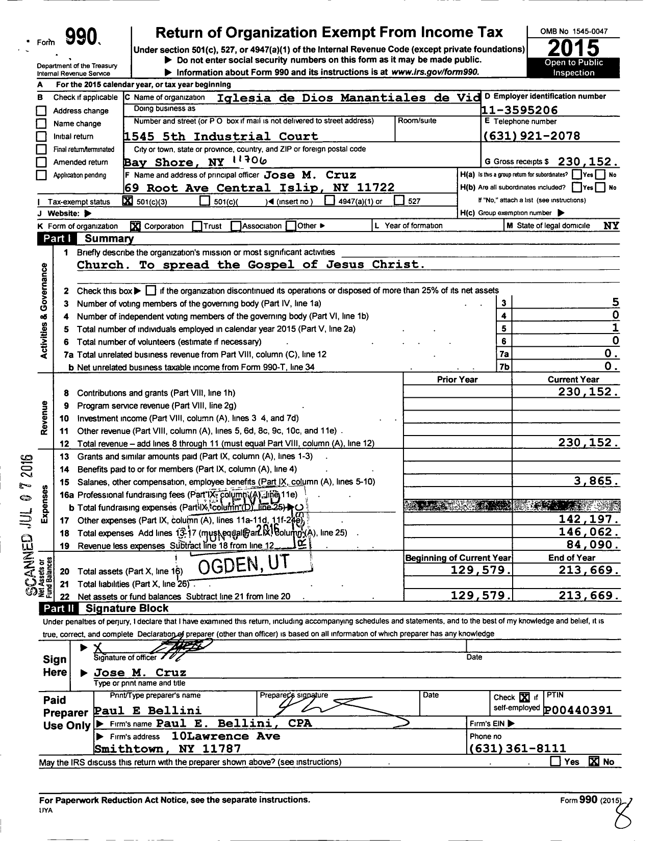 Image of first page of 2015 Form 990 for Iglesia de Dios Manantiales de Vida Eterna 4