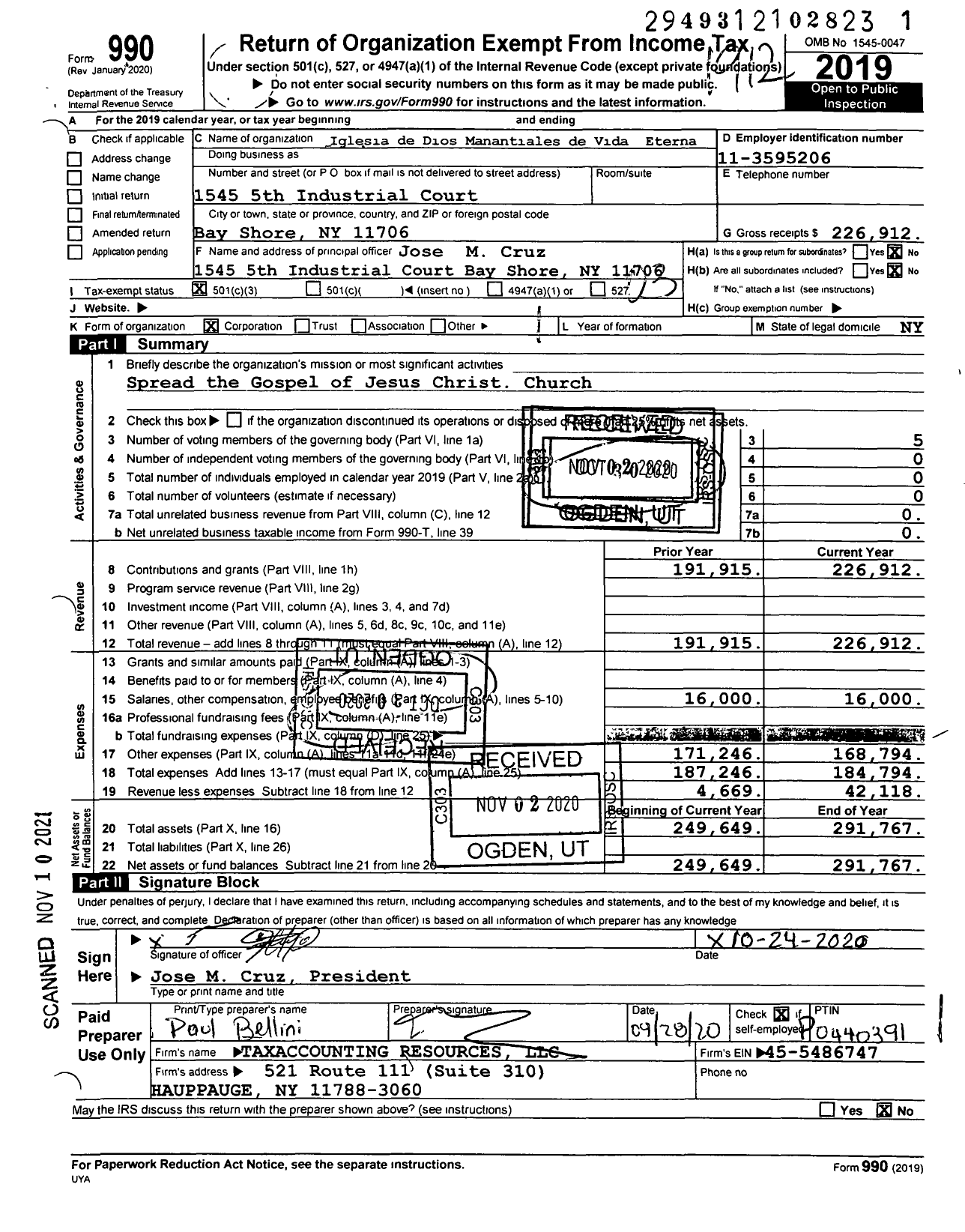 Image of first page of 2019 Form 990 for Iglesia de Dios Manantiales de Vida Eterna 4